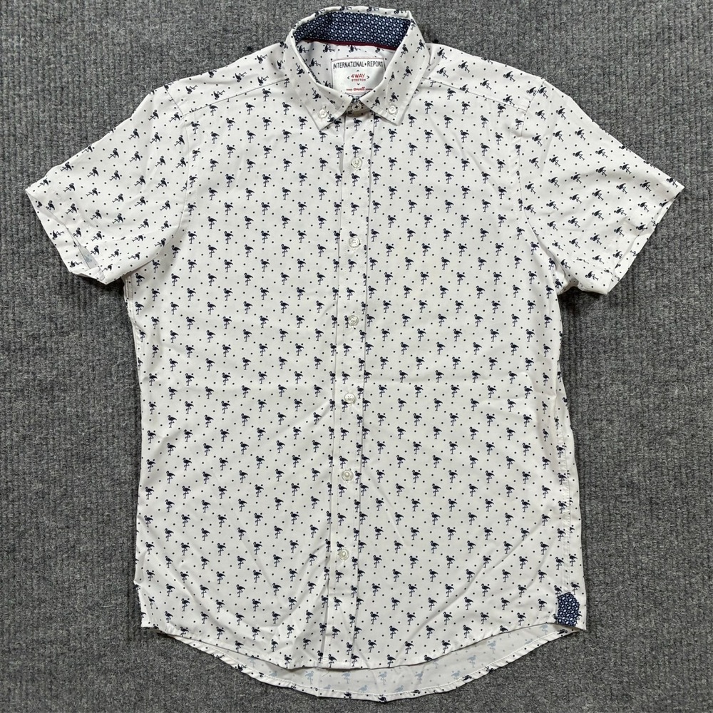 International Report Button Down Shirt Mens Small Flamingo Print Short Sleeve